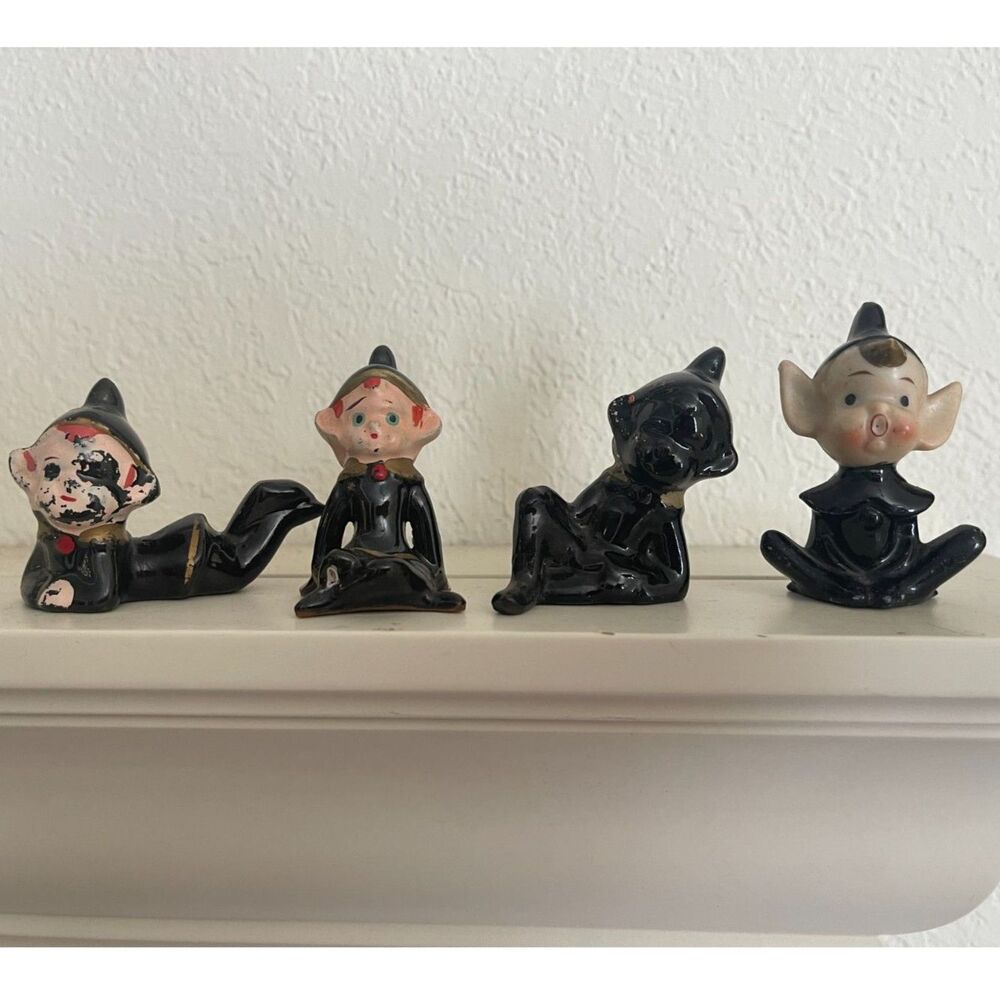 Vintage Pixie Elf Figurine Set Mid Century 1950 Japan Black Ceramic Miniature 2"